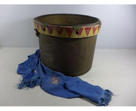 A WORLD WAR BRASS DRUM FRAME AND BLUE RAF SCARF 