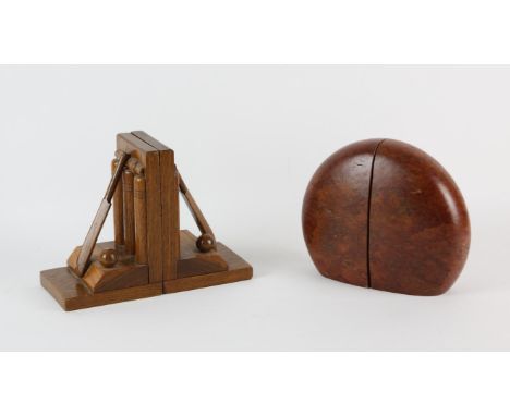 20TH CENTURY, a pair of oak bookends with cricket stumps, bat and ball, 17cm high, together with a pair of burr walnut book e