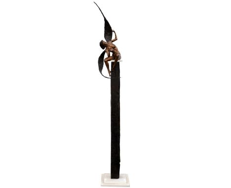 20TH CENTURY SCHOOL, Female winged figure, seated on a pedestal, bronze, marble and wood, 203cm high