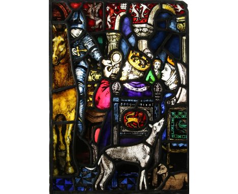 ARTS AND CRAFTS, a painted glass panel, made in imitation of stained glass, depicting a knight presenting a King and Queen a 