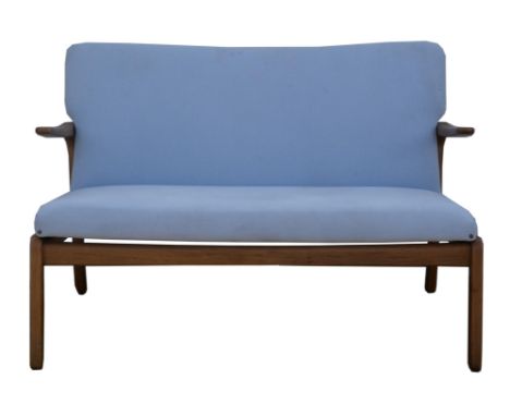 JULIAN CHICHESTER, an Alberto two seat sofa, walnut and Romo blue linen upholstery, 83cm high x 116cm wide x 70cm 