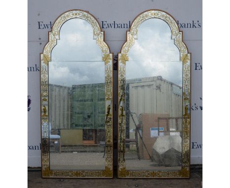 JULIAN CHICHESTER, a pair of Queen Anne mirrors, mirror glass and verre eglomise, gold leaf etched coloured frame, 160cm high