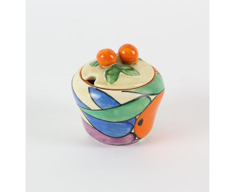 CLARICE CLIFF (BRITISH, 1899-1972),Oranges, a preserve pot, printed marks to base, 8.5cm highCondition Report:  There are two