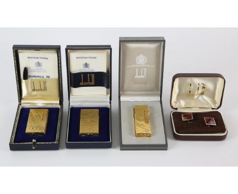 DUNHILL, Three gold plated lighters, one marked, Swiss Made, in cases, together with a pair of silver and enamel cufflinks, c