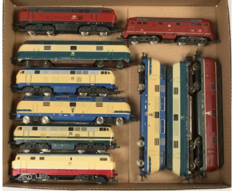 Lima &amp; Mehano HO. Group of unboxed Diesel Loco's. To include Lima DB Maroon / Grey 221 149-8, Mehano DB Cream / Red 218 2