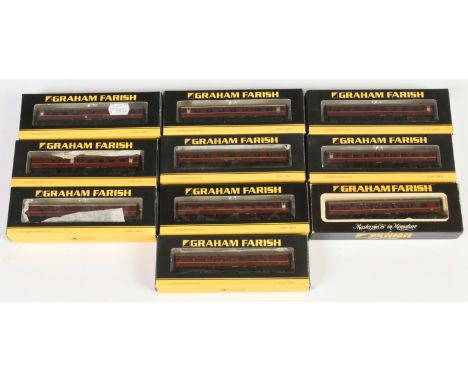 Graham Farish N Gauge. Group of BR Maroon Coaches. To include 374-107A Mini Buffet Car W1815, 374-161 1st Corridor E13333, 37