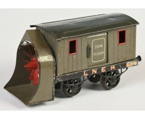 Hornby O Gauge LNER Snow Plough. Early version with LNER lettering to plough chassis sides. Light missing from front. Conditi