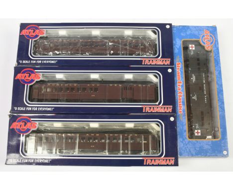 Atlas Master Passenger Series O Gauge Group of 4x 2-Rail Coaches. Comprising 3008706-4 United States Army - Medical Departmen