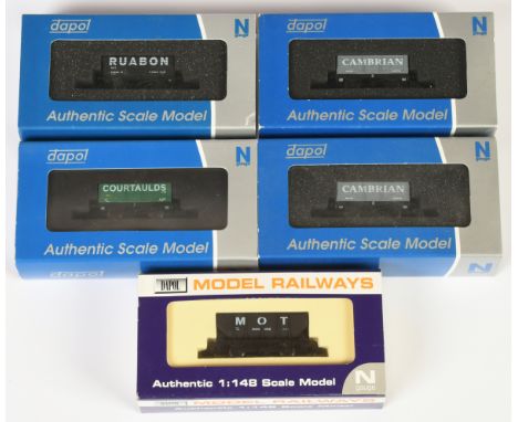 Dapol N Gauge. Group of 5x wagons. Comprising "MOT" hopper, "Cortaulds" 7x plank open, "Ruabon" 7x plank open, 2x "Cambrian" 