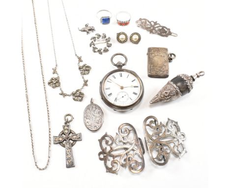 An collection of antique and later silver and white metal jewellery. The lot to include a T.L.M sterling butterfly wing ring,