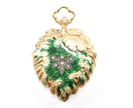 A 19th century Swiss F A Bergeon 18ct gold enamel and diamond fob pendant watch. The watch in a stylised vine leaf case decor