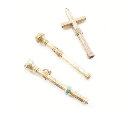 Five early 20th yellow metal propelling pencils. A pencil in the form of a cross having bale to top. A turquoise set pencil w