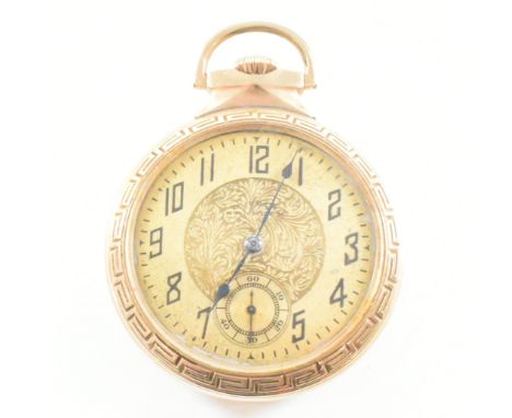 A Dueber Hampdean 10K gold filled Railroad model cased pocket watch. The pocket watch having a gilt face with engraved foliat