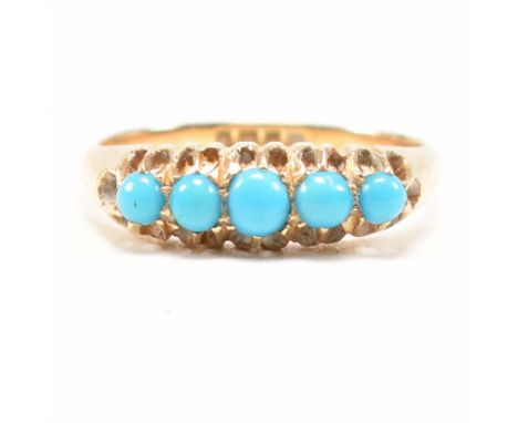 An antique hallmarked 18ct yellow gold and turquoise five stone ring. The ring having five graduated buttercup set turquoise 