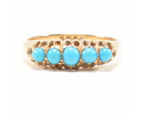 An antique hallmarked 18ct yellow gold and turquoise five stone ring. The ring having five graduated buttercup set turquoise 