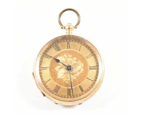 A Swiss 18ct gold Pocket watch. The watch having a gold floral engraved dial having Roman numeral indices. The outer case bar