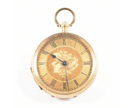 A Swiss 18ct gold Pocket watch. The watch having a gold floral engraved dial having Roman numeral indices. The outer case bar