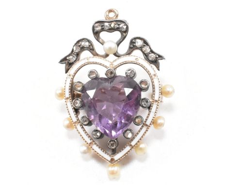 A 19th century Victorian amethyst pearl and diamond heart brooch pin. The style brooch having a central heart cut amethyst en