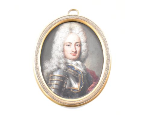 An early oil on copper portrait miniature of a gentleman. The portrait, possibly of George II, mounted in a gilt framed surmo