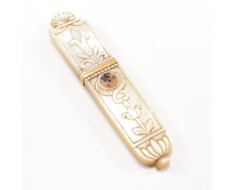 A 19th century French gold enamel and carved mother of pearl needle case. The needle case attributed to Palais Royal France. 