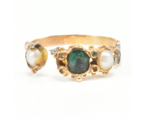 An AF Georgian gold, pearl and emerald ring. The ring having a central oval cut emerald flanked by a white pearl to each side