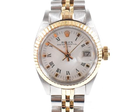 A 1978 ladies Rolex Date Bi-colour bracelet watch. Round white dial with Roman numeral hour markers, outer gold baton markers
