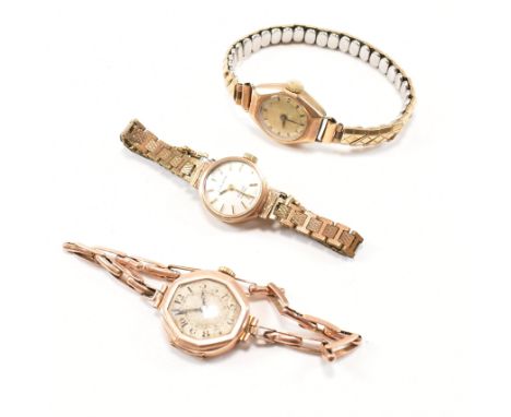 A collection of three 9ct gold cased ladies dress wristwatches. To include early 20th century dress watch with 9ct gold case 