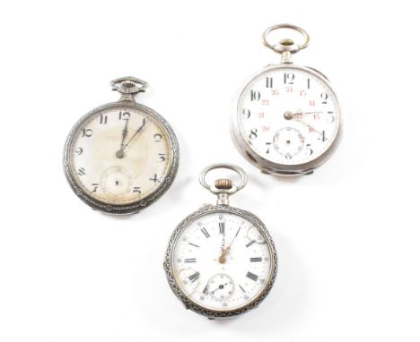 Three French silver cased pocket watches. The first watch having a circular white dial with black Roman numeral indices, subs