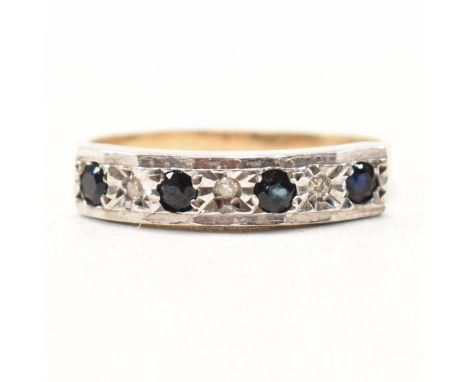 A vintage hallmarked 9ct bicolour gold, sapphire and diamond ring. The ring having a white gold rectangular head set with alt