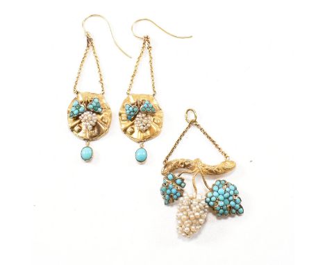 A Victorian turquoise and seed pearl cluster demi parure. The parure consisting of cable link suspended necklace pendant and 