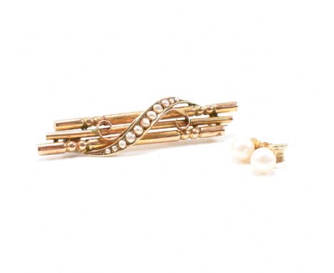 An antique 9ct gold and pearl brooch pin with a pair of 9ct gold and pearl stud earrings. The brooch comprised of cylindrical