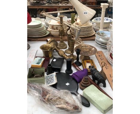 AN ANGLE POISE LAMP, AN EBONY DRESSING TABLE SET, A BRASS PESTLE AND MORTAR, OTHER BRASS, A WALKING CANE, ETC.