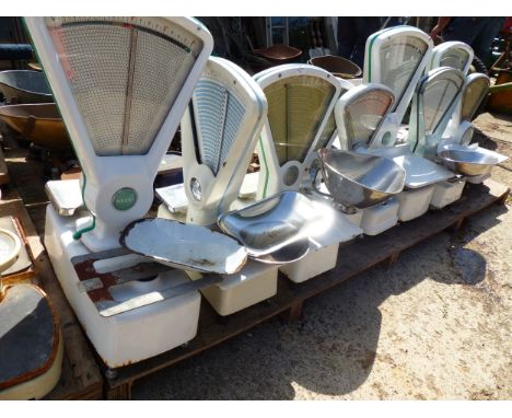 NINE SETS OF VINTAGE ENAMEL WEIGHING SCALES.