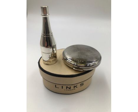 A LINKS OF LONDON ROYAL ASCOT CHAMPAGNE BOTTLE OF EMPTY BUBBLES, AND A LINKS COMPACT WITH POUCH AND OUTER BOX. 