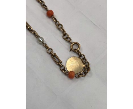 A CORAL AND PEARL FANCY LINK BRACELET, NO ASSAY MARKS ASSESSED AS 9ct GOLD WITH A 9ct HALLMARKED ATTACHED ROUND TAG CHARM. GR