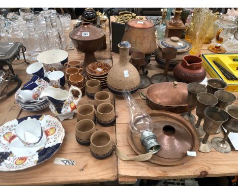 GAUDY WELSH TEA WARES, CYPRUS TEA WARES, COPPER TO INCLUDE AN OIL LAMP, ETC.