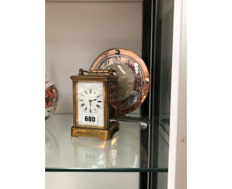 A CARRIAGE TIMEPIECE TOGETHER WITH A SMITHS MANTEL CLOCK WITH A CHROME AND PINK GLASS CHAPTER RING