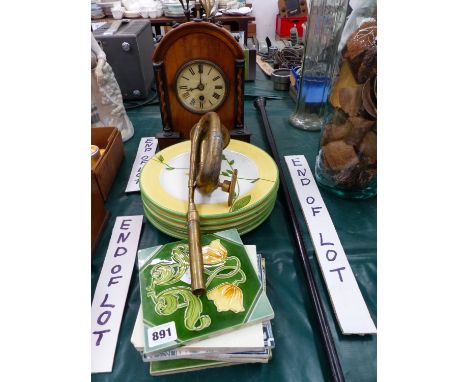 A GROUP OF ANTIQUE TILES, A SILVER MOUNTED WALKING CANE,MANTEL CLOCK ETC.