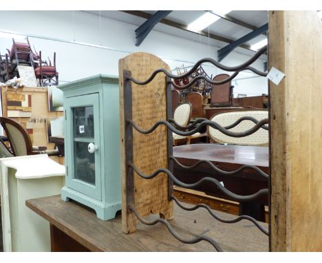 A GLAZED WALL CABINET, A TABLE CABINET, A SHELF AND A WINE RACK. 