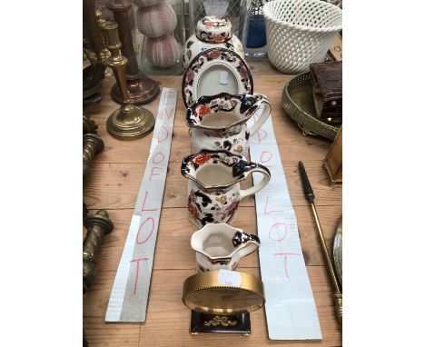 A GRADED SET OF THREE MASONS JUG, OTHER MASONS MANDALAY PATTERN WARES AND A CLOCK
