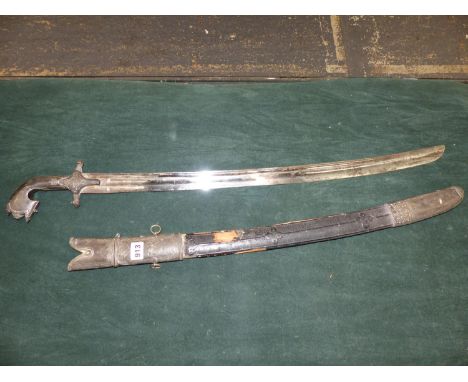 A GOOD QUALITY INDIAN SWORD WITH SILVER HILT AND SCABBARD MOUNTS