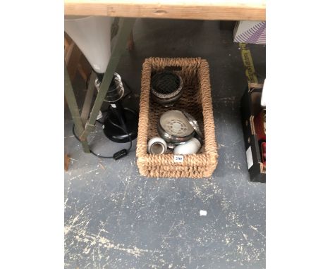 A TABLE LAMP, A BASKET WITH TWO ELECTROPLATE ROSE BOWLS, ETC.