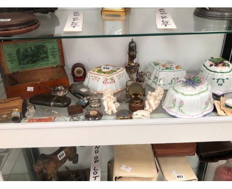 OPERA GLASSES, HIP FLASKS, JELLY MOULDS, AN INKWELL, A TRAVEL CLOCK, CONDIMENTS,SNUFF BOXES, ETC.