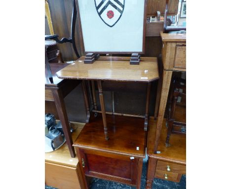 AN EDWARDIAN SUTHERLAND TABLE, A SMALL SIDE CABINET, A CANTERBURY AND A FIRE SCREEN 