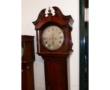 A GEORGIAN OAK 8 DAY LONG CASE CLOCK WITH ROUND SILVERED DIAL. H 119 W 54 D 24 cm