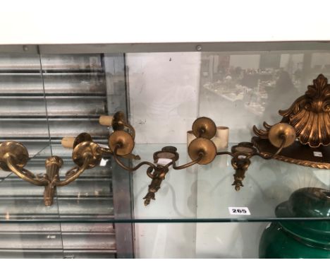 TWO PAIRS OF BRASS TWO BRANCH WALL LIGHTS TOGETHER WITH A GILT WOOD WALL BRACKET