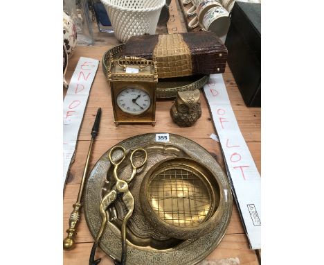 A BRASS GALLERIED TRAY, EMBER TONGS, A POKER, OTHER BRASS WARE A CLOCK AND A CROCODILE HANDBAG