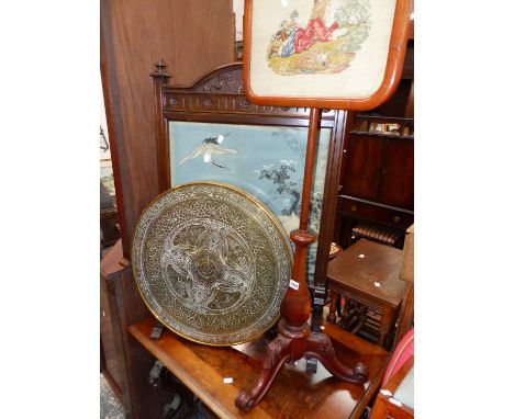 A VICTORIAN POLE SCREEN, A FIRE SCREEN AND A BRASS TABLE TOP. 