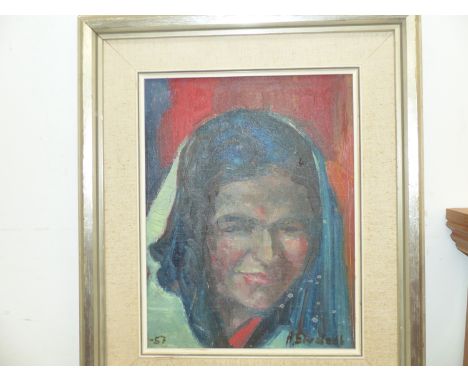 A MID CENTURY OIL PORTRAIT SIGNED INDISTINCTLY  DATED 57