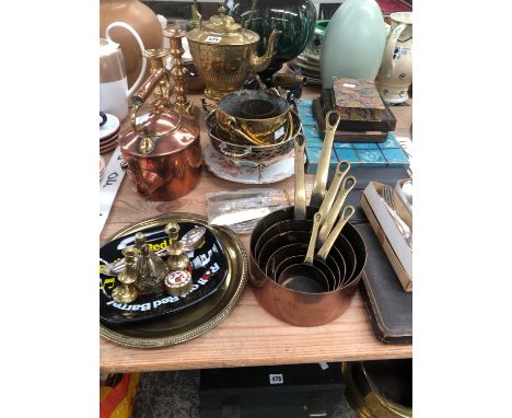 CASED SILVER AND PLATE CUTLERY, A NEST OF COPPER SAUCEPANS, A BRASS KETTLE ON STAND, BRASS CANDLESTICKS, ETC.